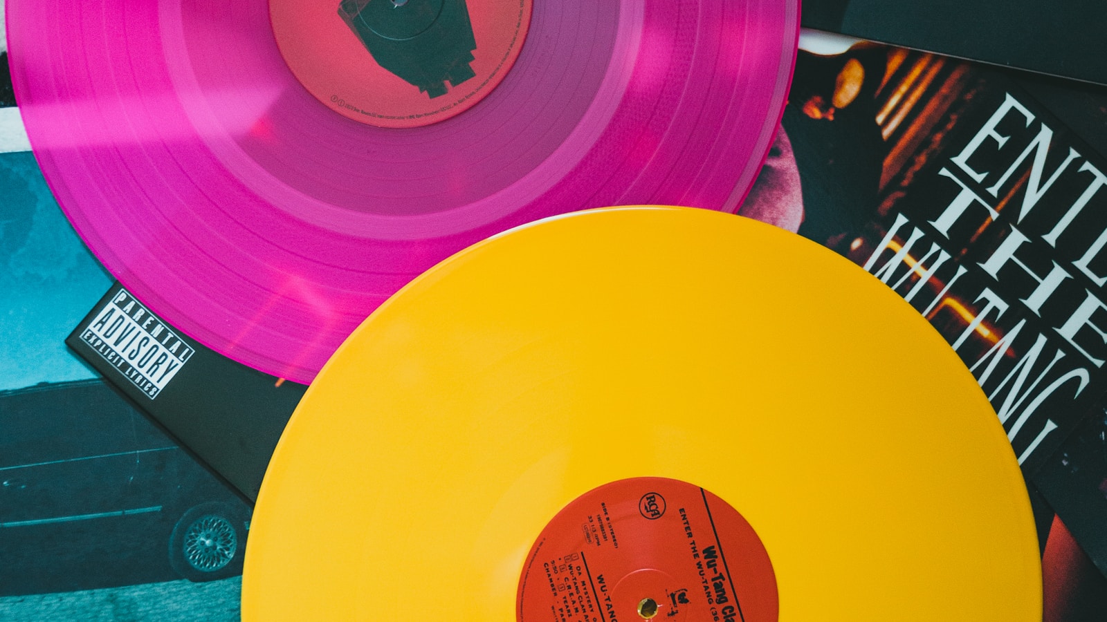 Vinyl records and album sleeves in a music store